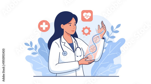 Female doctor analyzes genetic DNA structure for scientific research at medical laboratory with modern equipment