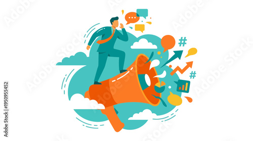 Modern professional digital marketer standing on large megaphone to promote business growth with social media icons