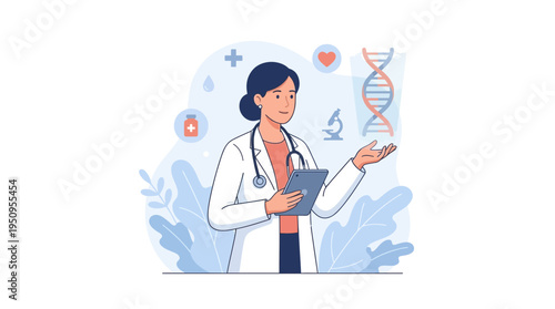 Professional female doctor wearing white lab coat holding digital tablet and analyzing genetic human DNA helix structure illustration