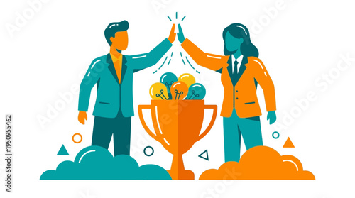 Successful business man and woman high five over trophy with light bulbs representing great teamwork and goal achievement