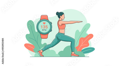 Active Young Woman Performing Lunges Exercise While Tracking Her Heart Rate Using A Digital Smartwatch Device