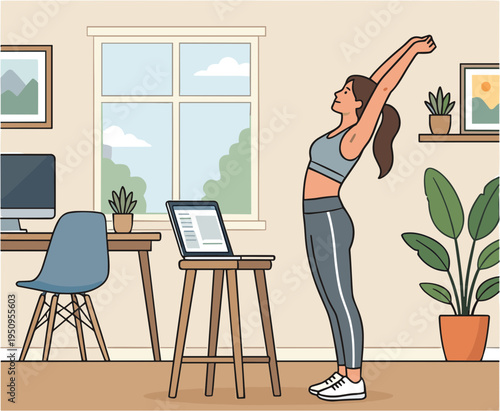 Woman stretching in home office with laptop and plants nearby indoors