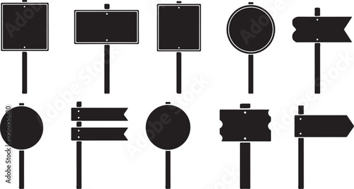 Collection of various black signpost shapes on transparent background silhouette