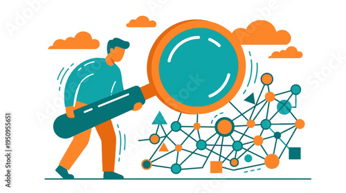 Man uses big lens for deep data web link search find work info now and fast