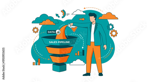 Man pours data in a sales funnel to help a firm grow its own plan