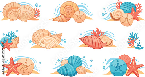 Colorful Seashell and Starfish Icon Set with Ocean Beach Shells, Marine Life Elements, and Coastal Summer Symbols for Sea Nature and Vacation Design