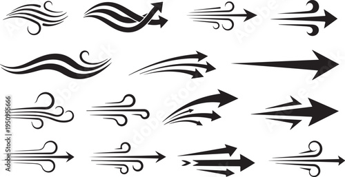 Collection of black swirl and arrow shapes on transparent background silhouette
