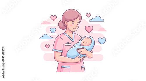 A midwife with baby love care in clinic for birth help of life day now