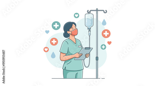 Professional Female Nurse In Medical Scrubs Checking Intravenous IV Drip Bag While Holding Clipboard Patient Record