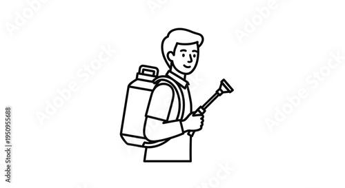 Pest Control Worker with Sprayer Backpack, Professional Exterminator Service, Line Art Icon