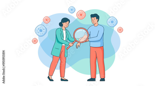 Professional female dermatologist doctor checks male patient skin using magnifying glass for healthcare medical examination diagnosis service