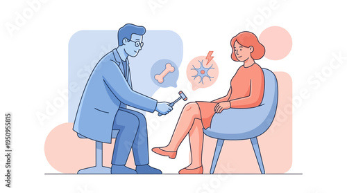 An MD tests a girl knee with tool for health in a tiny medical clinic