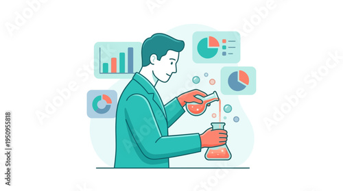 A man in a lab coat pours red liquid in a flask for science data work