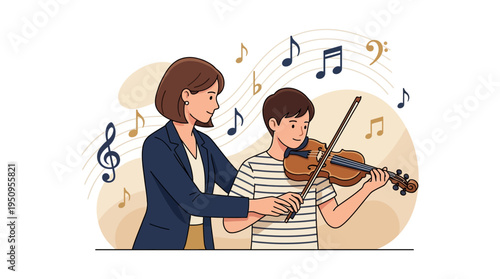 Teacher helps a boy learn how to play the violin well at a school now