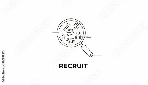 Recruit text with magnifying glass showing business icons: handshake, career growth, briefcase, person, question mark