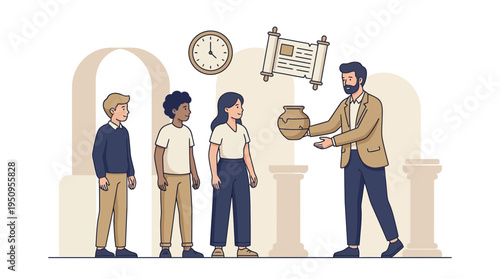 Teacher showing old vase to boy girl kid in school history class museum flat vector art