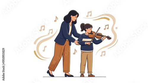 A female music teacher helps a young girl student play violin instrument in class with notes