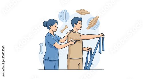 Physical therapist assisting patient with resistance band exercise for muscle recovery bone health and wellness