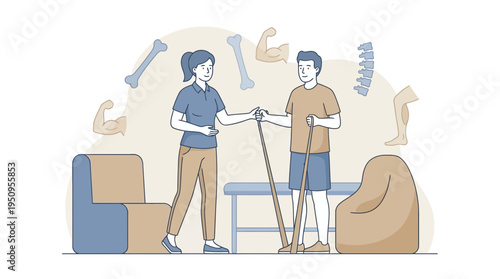 A therapist helps a man with a band at a clinic for his fast recovery