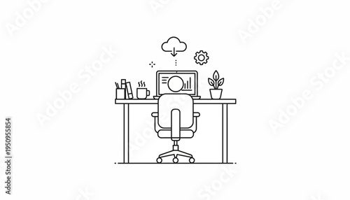 Remote Work Setup: Person at Desk with Laptop, Cloud Computing, and Office Supplies