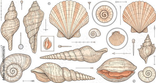 Vintage Seashell Illustration Set with Hand Drawn Ocean Shells, Marine Nature Specimens, and Scientific Study Elements for Coastal Design and Marine Biology Graphics