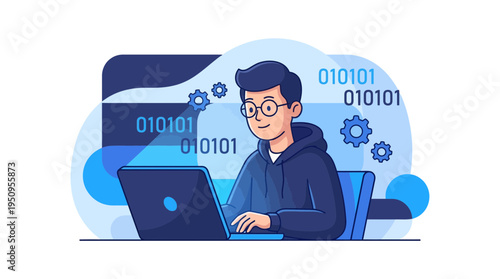 Student coder male glasses hoodie laptop code tech web dev app soft program study learn work