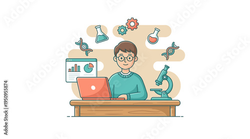 Boy sits at a desk with a laptop and a microscope for a science study