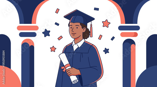 Young happy Black female student wearing graduation cap and gown holding diploma certificate during university ceremony celebration event