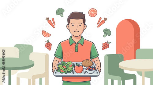 Young male student holding tray with healthy school lunch meals in cafeteria for a nutrition concept