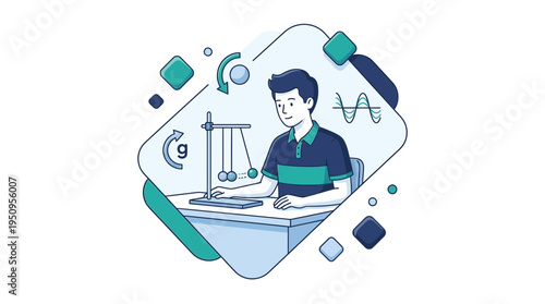 Student boy study physics science with pendulum tool and wave symbol icon in school lab