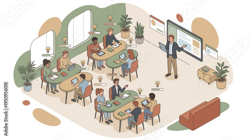 A teacher and many students in class to learn and get a new idea