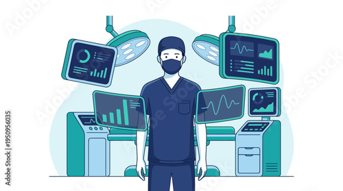 A professional male surgeon in mask and scrubs standing in a modern high tech hospital operating room with monitors