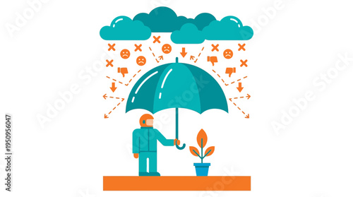 Man with big blue umbrella for a plant from bad sad rain icon art sign