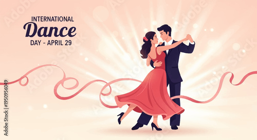 Couple dancing tango on international dance day elegant man and woman in red dress and black suit swirling ribbons festive background