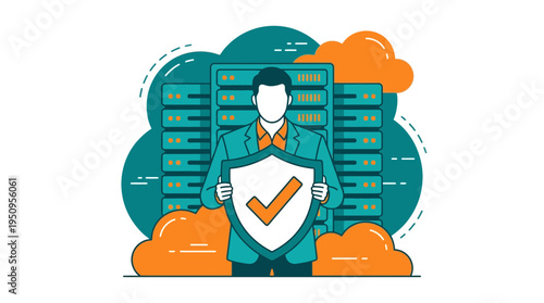 Professional IT consultant holding security shield protecting cloud data servers and secure web hosting infrastructure systems