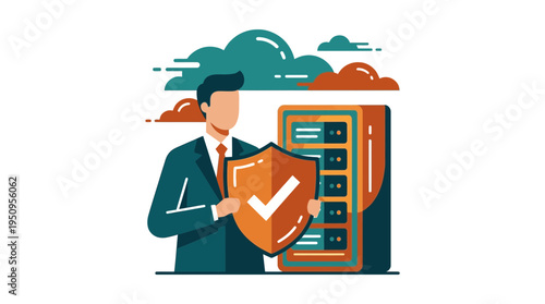 Professional IT consultant protecting data server with shield ensuring secure network management and digital privacy
