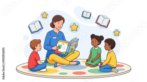 A teacher sits on a rug and reads a book to kids in a school room