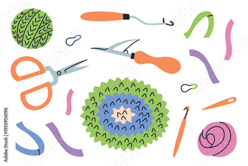 Rag rug making clipart set with colorful rug, hooks, scissors, fabric strips and yarn balls. Handmade home decor and textile craft hobby, DIY interior vector illustration