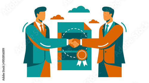 Two professional businessmen shake hands after signing a successful corporate business contract agreement and official document