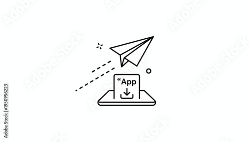 Paper airplane launching from app download icon on tablet, representing app launch or sending digital content.