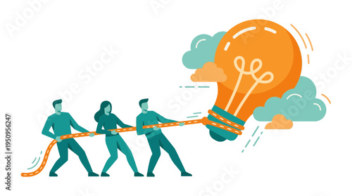 Business team working hard together to pull giant glowing light bulb idea using a rope