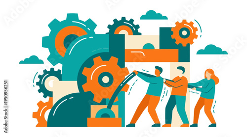 A Team Of Men And Women Pulling A Large Lever To Start A Machine Effort