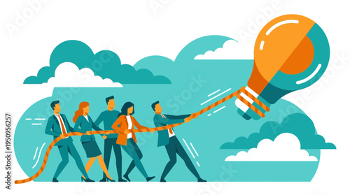 A team of five men and women pull a rope tied to a big bulb for ideas