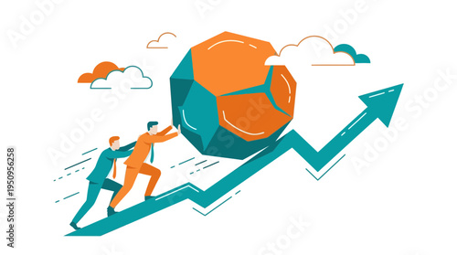 Two men push rock up path to gain work goal in a big firm fast