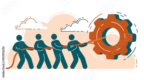 Team of four people pulling giant gear with rope for business success