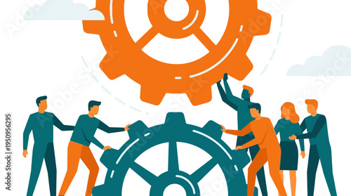 Team of men women move big gear for work success and high good new goals