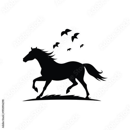 Dynamic running horse silhouette with flying birds