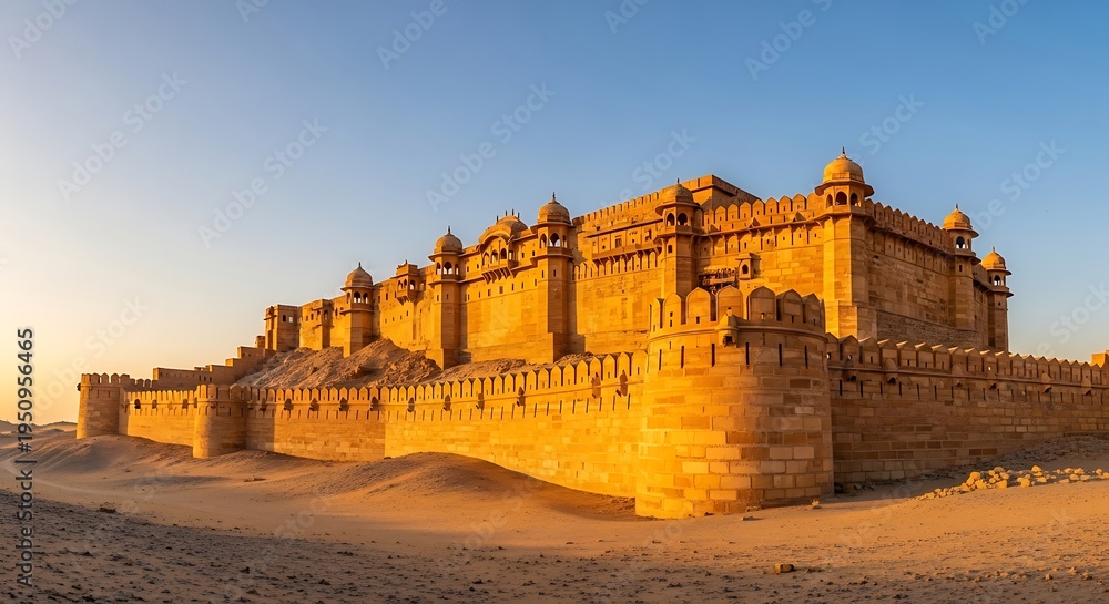 Fototapeta premium Ancient Sandstone Fortress in Thar Desert Rajasthan India During Sunset Golden Hour with Blue Sky Background