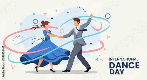 Couple dancing together celebrating international dance day with colorful swirling lines and confetti