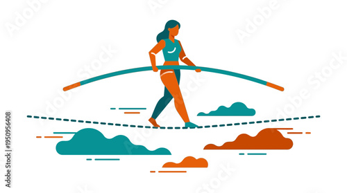 A fit girl on thin wire in sky with pole to stay safe and do big work
